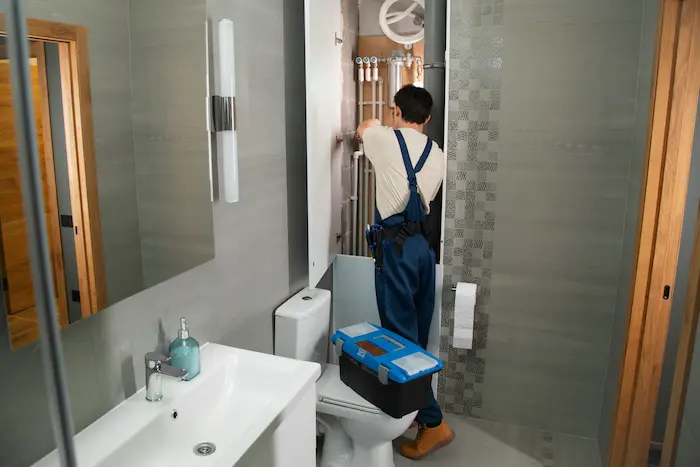 Professional plumber at work during a bathroom renovation in Burlington