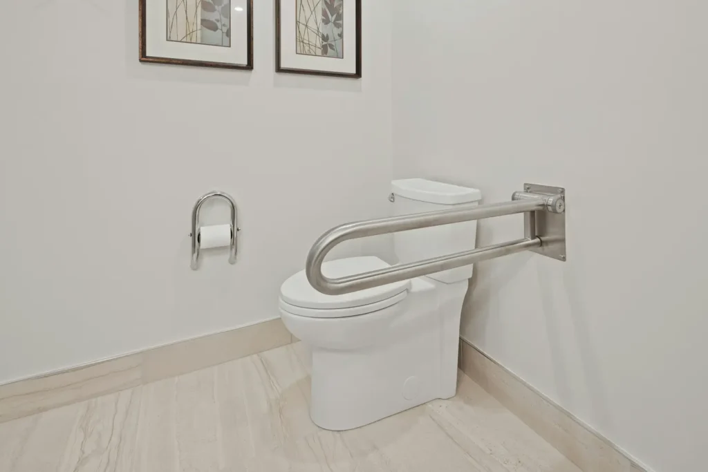 Accessible bathroom in Headon Forest, Burlington with a wall-mounted stainless grab bar beside the toilet and a fold-down toilet paper holder grab bar