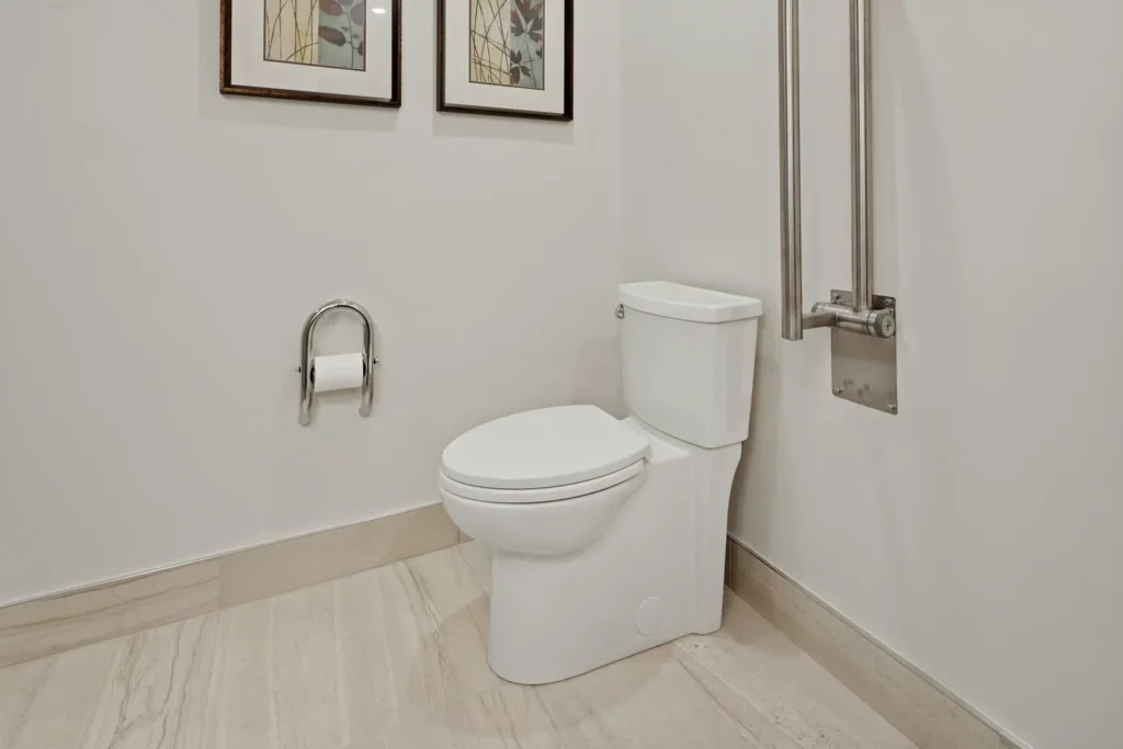 Stainless steel fold-down grab bar beside a toilet in an accessible Roseland, Burlington bathroom renovation