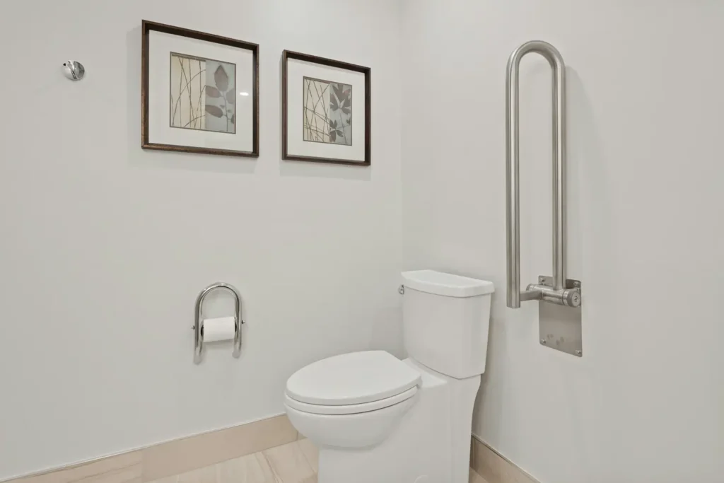 Bathroom with a stainless steel fold-down grab bar beside the toilet