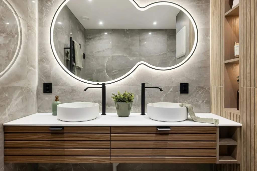 Custom wood double vanity with backlit organic-shaped mirror and round vessel sinks