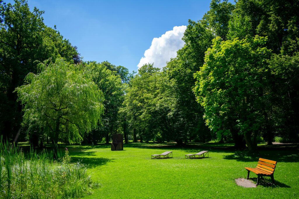 Green neighbourhood park with mature trees and a bench, representing the mature, well-kept residential streets of Headon Forest, Burlington