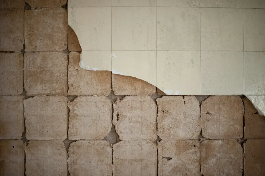 In Burlington, bathroom tile that's cracked and chipped, with grout lines showing through and worn texture — a sign the subfloor may be at risk