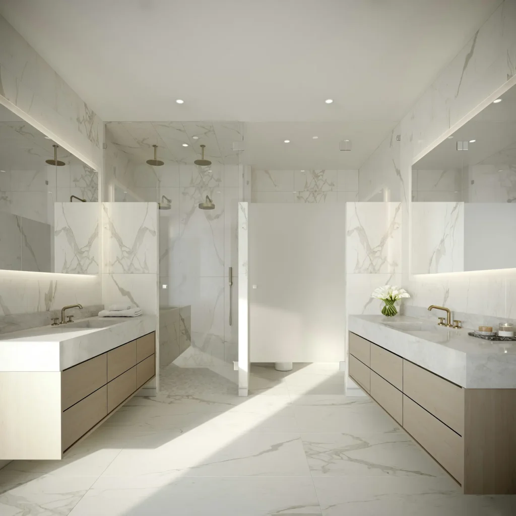 Large-format porcelain tile flooring and walls in a modern Burlington-style bathroom upgrade with double vanities and glass shower