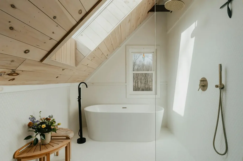 Tub-to-shower conversion bathroom in Headon Forest, Burlington with a freestanding soaking tub, walk-in glass shower with brass fixtures, and hexagon tile flooring