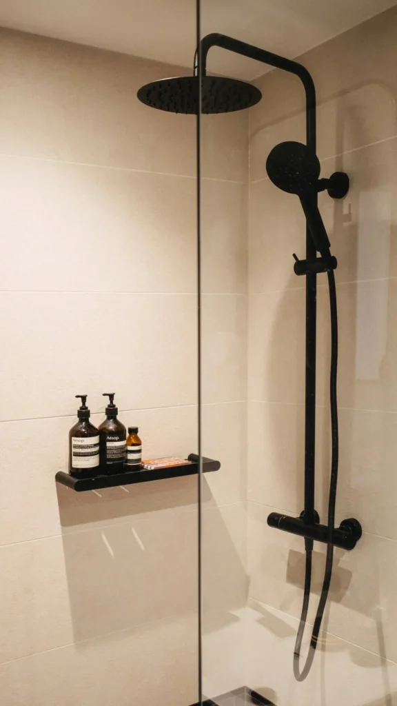Modern walk-in shower with matte black rain showerhead, handheld sprayer, and built-in shelf